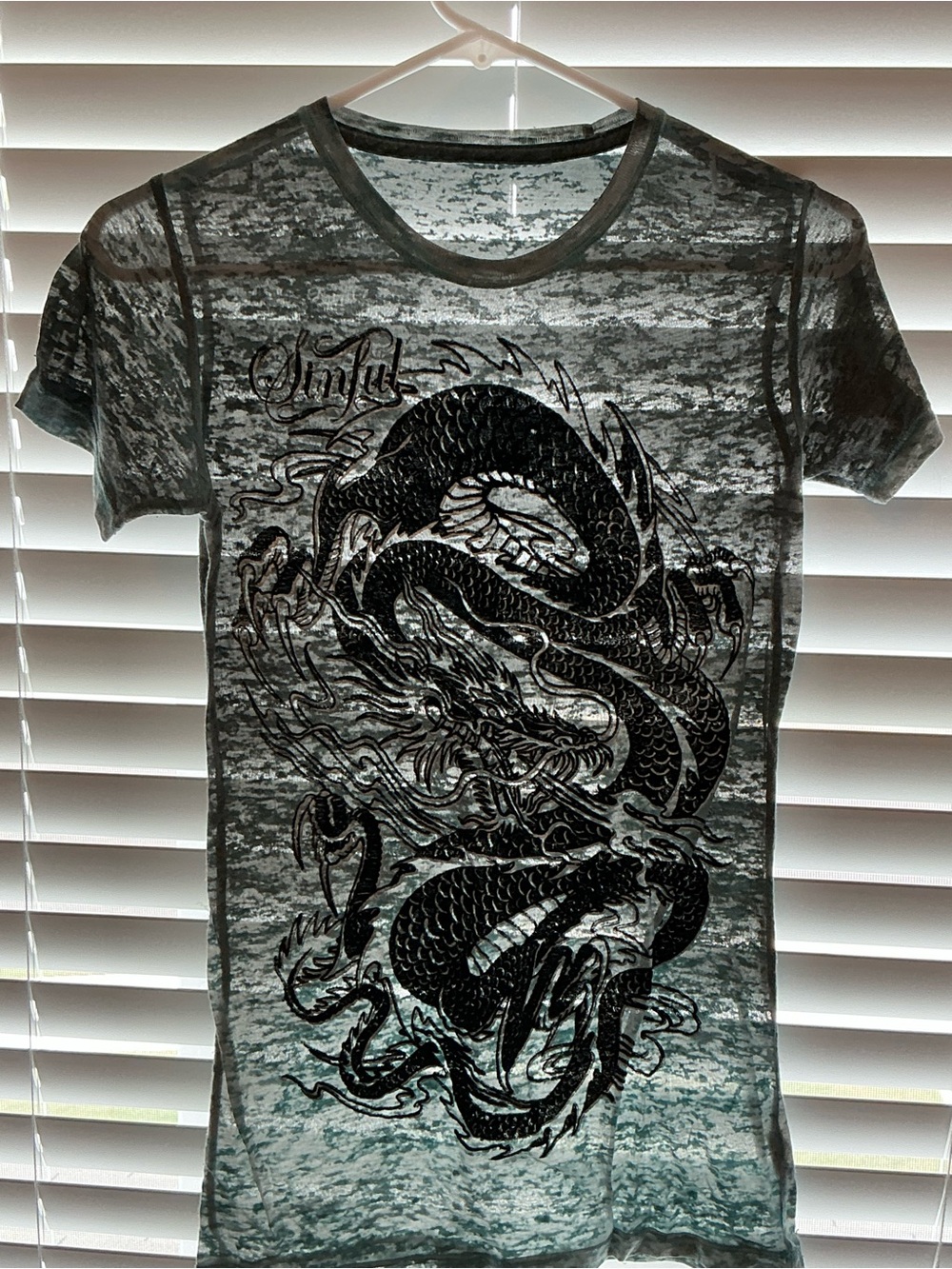 Sinful Women's Short Sleeve BURNOUTS Gray Black Dragon Graphic Tee